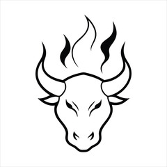 fuego ardiente como silueta con forma de cabeza de toro line art vector