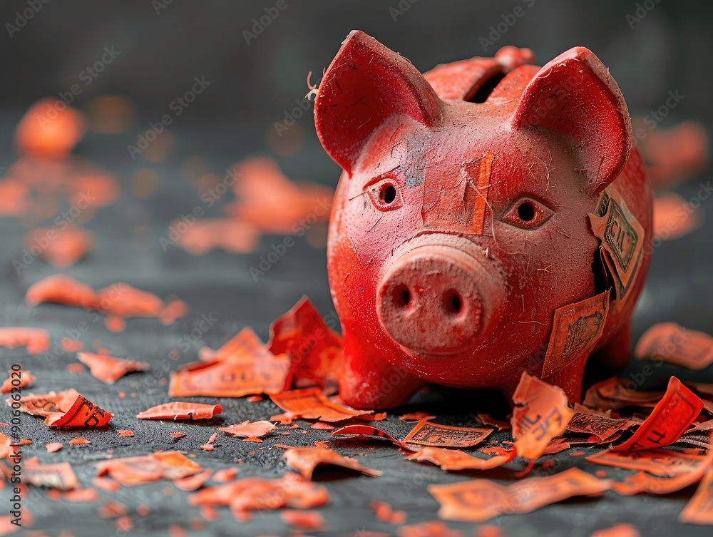 Poster empty piggy bank with iou notes, symbolizing debt accumulation