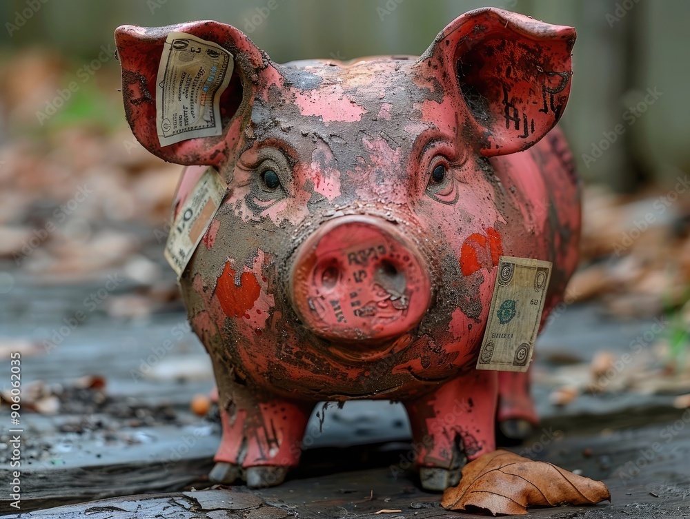 Poster empty piggy bank with iou notes, symbolizing debt accumulation