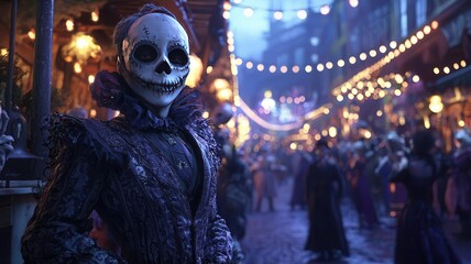 Obraz premium Dark carnival gathering with performers in creepy costumes and grotesque masks, unsettling atmosphere
