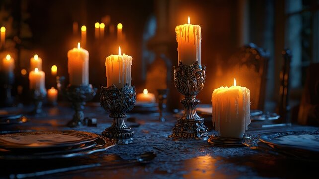 Gothic dinner party with candles in ornate holders casting eerie shadows, creating a chilling ambiance