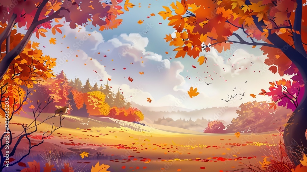 Wall mural Vivid autumn landscape  maple leaves changing colors gracefully in the enchanting fall season