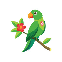Green vector Parrot Sitting On Branch With Flower art vector