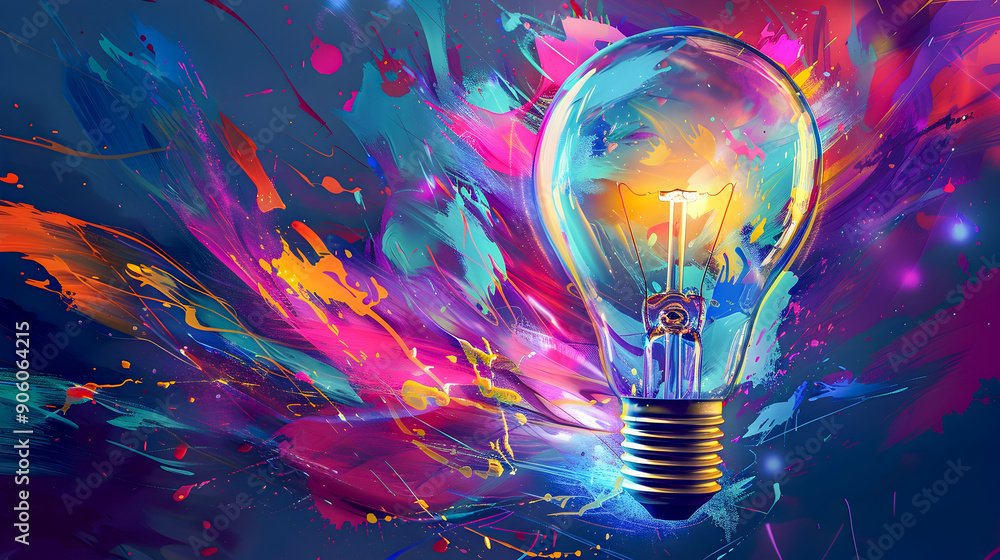 Poster an digital painting depicting a light bulb radiating with swirling neon lights and vibrant paint spl