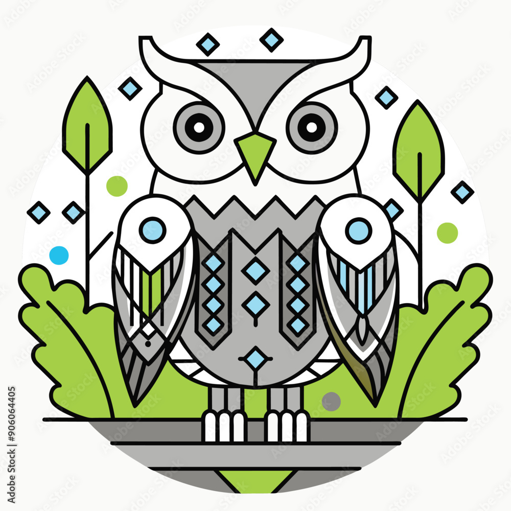 Wall mural Stylized Owl Illustration with Geometric Patterns and Green Foliage