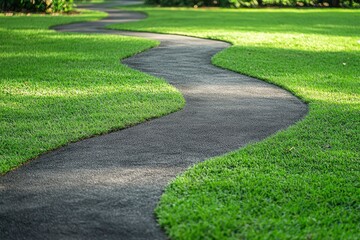 Fototapeta premium Winding asphalt path through green grass, cut out , ai