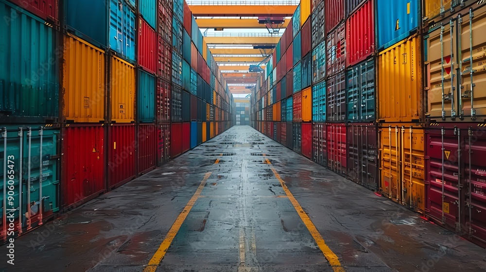 Poster rows of colorful shipping containers.