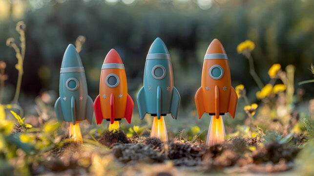Colorful toy rockets take off, surrounded by nature, perfect for children's themes and creative projects.