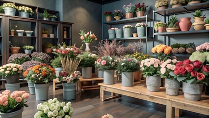 Fototapeta premium Indoor Flower Shop with Flowers and Decorations. Perfect for: Tourism expos, Hotel industry events