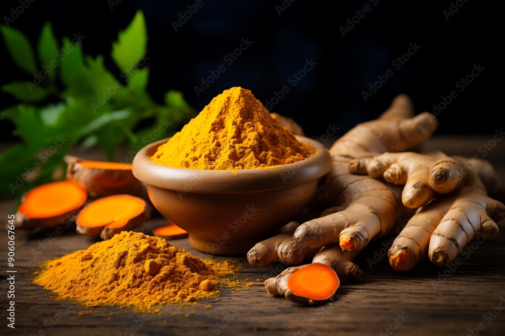 Wall mural turmeric powder and fresh turmeric roots on wooden table