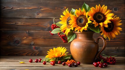 Fototapeta premium Sunflowers in Terra Cotta Jug with Red Berries. Perfect for: Floral expos, Seasonal decor