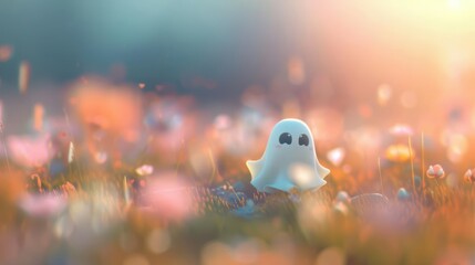 Cute ghost toy in a field of flowers, perfect for Halloween decorations.