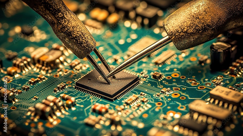 Aufkleber macro shot of microchip assembly with probes on circuit board