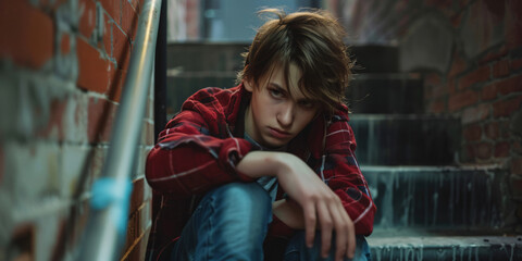 A young man sitting on a stairway in an urban setting, looking serious and thoughtful.. bullying concept