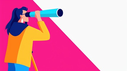 Illustration of a person using a telescope on a vibrant background, representing exploration and vision.