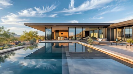 Fototapeta premium Modern Home with Infinity Pool Reflects Stunning Mountain Views