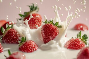 Fresh strawberries splashing into creamy milk or yoghurt, cut out, ai