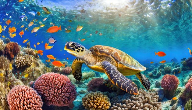 colorful coral reef with many fishes and sea turtle