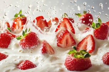 Fresh strawberries splashing into creamy milk or yoghurt, cut out, ai