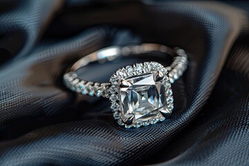 Fototapeta premium Elegant engagement ring with a cushion-cut moissanite and diamonds on a black fabric background