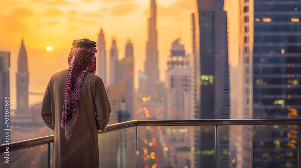 Wall mural A man in traditional Middle Eastern clothing stands on a balcony gazing out at the twinkling lights and towering skyscrapers of a modern cityscape as the sky glows with a warm golden sunset