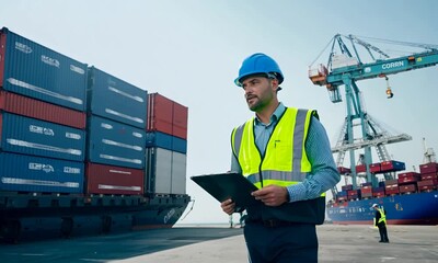  Foreman control loading Containers box from Cargo freight ship for import export. Logistic Concept.