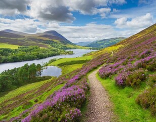 Colorful landscape scenery with a footpath through the hill slope covered by violet heather flowers and green valley, river, mountains and cloudy blue sky on background. Pentland hills, Scotland