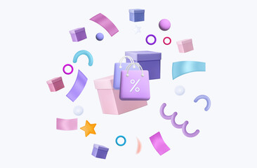 Gift boxes, shipping bags with confetti. Flying ecommerce bag with bonus. Free delivery, low interest rates, gift surprise box, shopping bag. Online shipping, sale with discounts, confetti. Vector 3d.