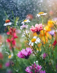 colorful meadow flowers close up in rainy weather, natural abstract background. summer season. symbol of love, romance, purity wild nature. template for design