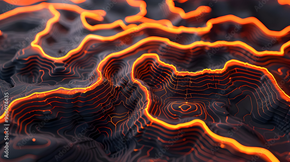 Poster a detailed topographic model with glowing pathways and contours illuminated by a soft orange light t