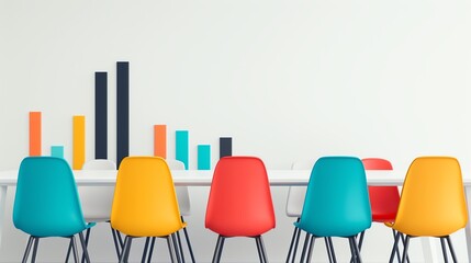 Colorful chairs lined up in front of a white wall with bar chart graphics. Modern office setup with vibrant seating and data visualization.