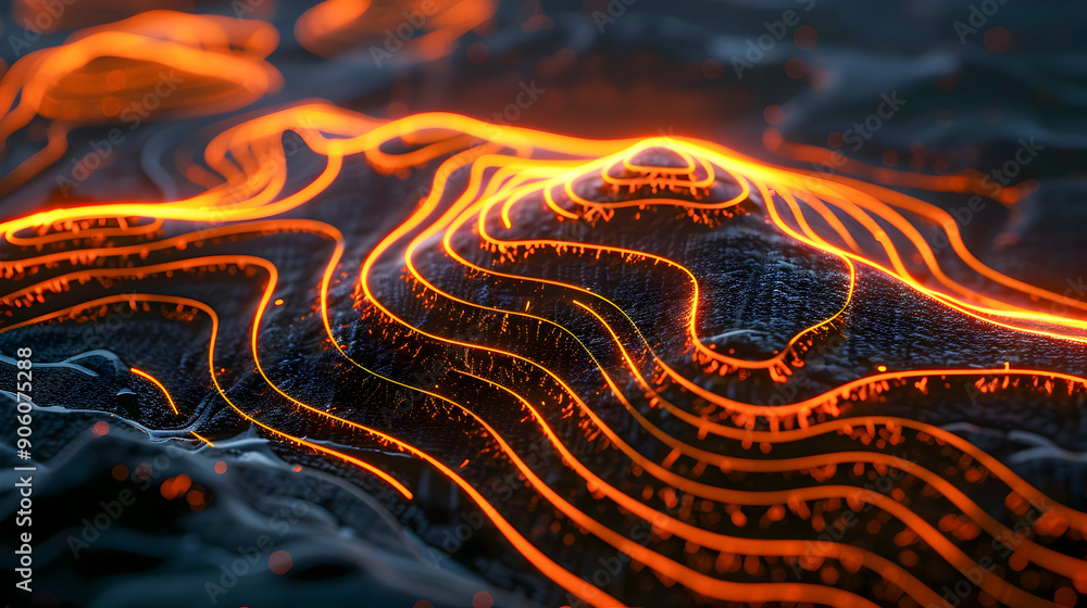 Poster a mesmerizing digital rendering of a futuristic topographic landscape featuring vibrant glowing line