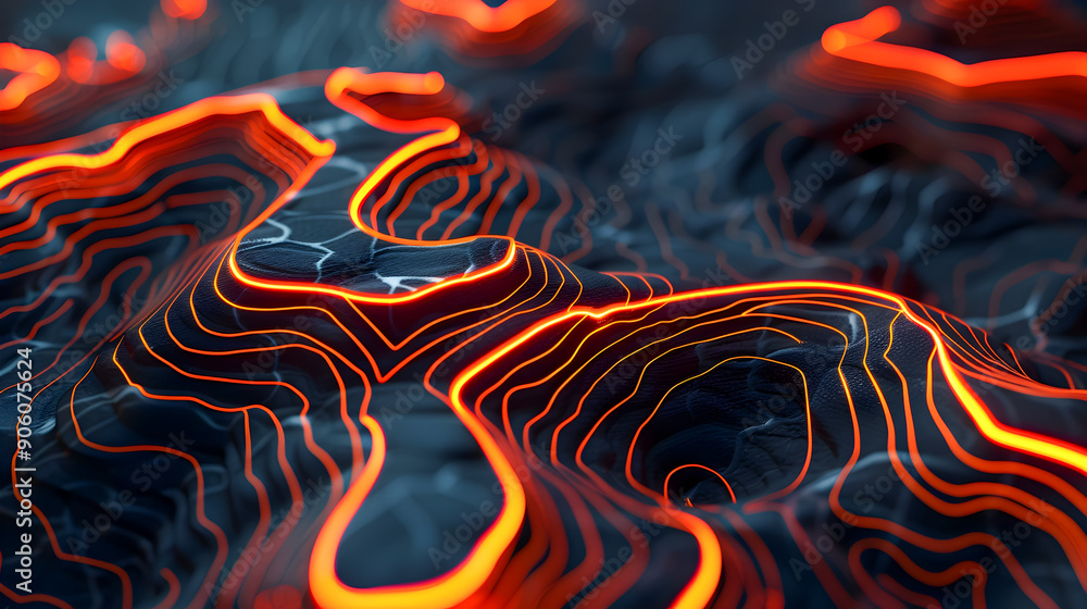 Poster futuristic topographic map visualization with glowing orange contour lines tracing the detailed terr