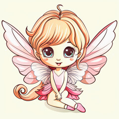 Cartoon Fairy with Pink Wings and a Pink Dress Sitting on the Ground