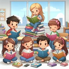 Boys and girls are reading books on a stack of books in classroom