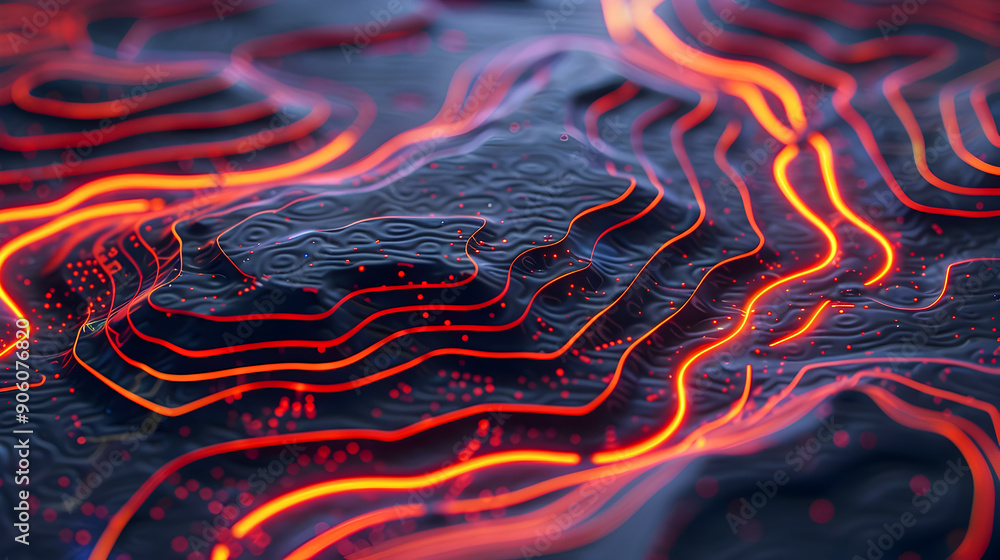 Poster stunning abstract digital depicting a futuristic topographic map with vibrant glowing lines tracing 