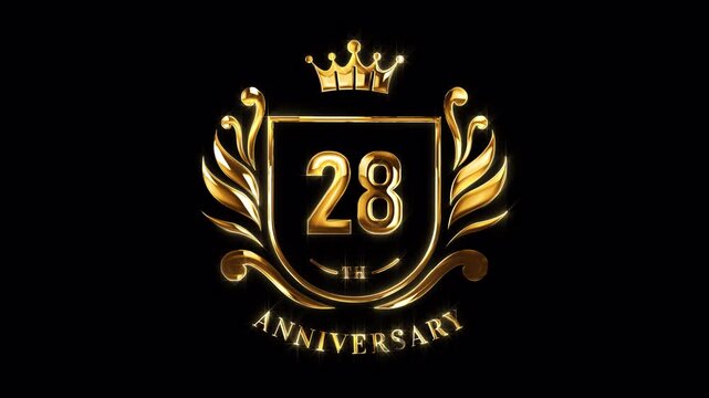 28th Anniversary Celebration. Happy 28 Years Anniversary Animation in Gold Color on the Transparent Background, Alpha Channel. Great for greetings, celebrations, events, and gifts.