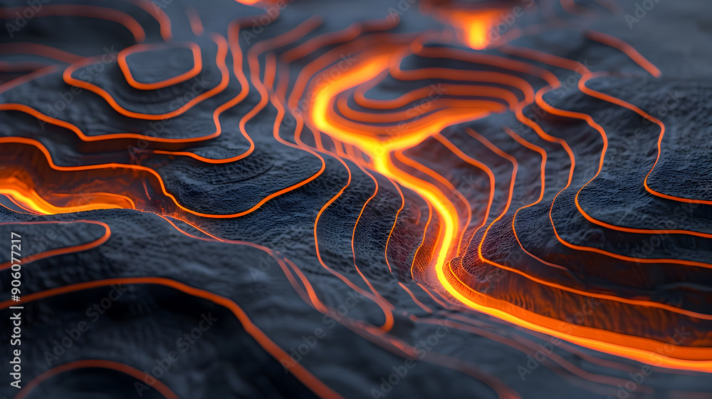 Poster a detailed topographic model with glowing pathways and contours illuminated by a soft orange light t