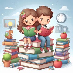 Boys and girls are reading books on a stack of books in classroom