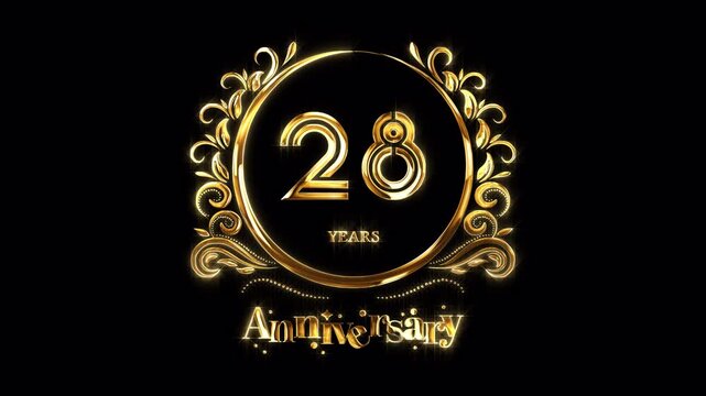 28th Anniversary Celebration. Happy 28 Years Anniversary Animation in Gold Color on the Transparent Background, Alpha Channel. Great for greetings, celebrations, events, and gifts.