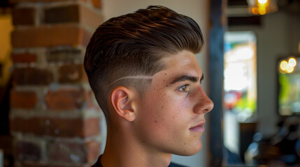 A side view of an American man with dark hair, featuring the fade haircut style.