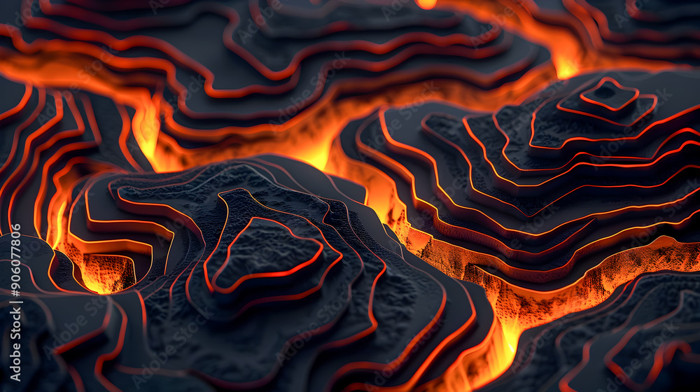 Poster mesmerizing abstract topographic landscape with glowing luminous contours and pathways