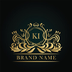 KI golden letter logo. KI logo initial Luxury ornament emblem. Golden template for cafe, bars, boutiques, invitations. Logo for business. Vintage elements. 