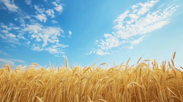 An autumn landscape with a golden field of wheat swaying gently in the breeze, under a clear blue sky with a few scattered clouds, capturing the essence of the harvest season