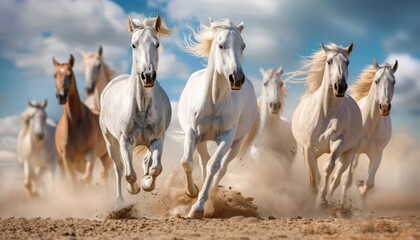 Obraz premium A herd of white horses running through a field, kicking up dust.