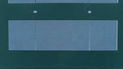 Aerial view hydro floating solar hybrid power plant, Hydro floating solar panel platform system on...