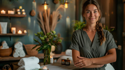 A smiling woman stands in a cozy spa setting, surrounded by candles, towels, and plants, embodying relaxation and tranquility.