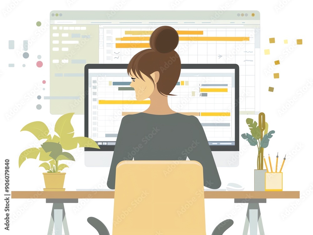 Poster woman working on computer with a spreadsheet.