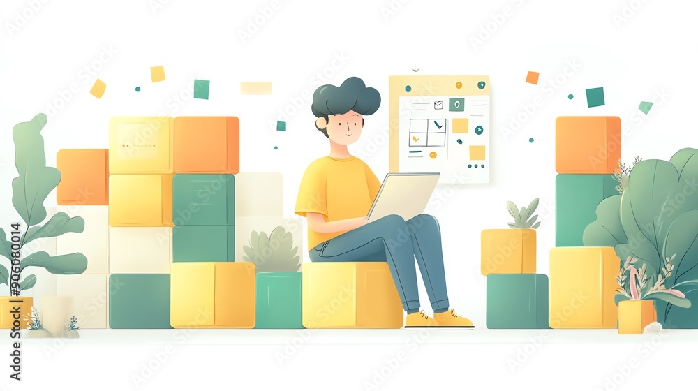 Poster young man working on a laptop with colorful blocks and plants.