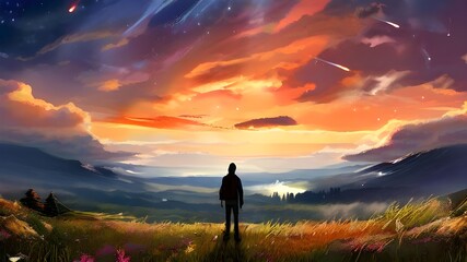Fototapeta premium A traveler stands on a meadow against the background of a landscape with meteors shower sky, digital art style style, illustration painting, silhouette of a person standing on a hill